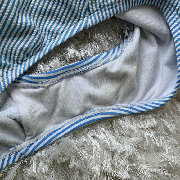 Blue White Seersucker 1 Piece Swimsuit Ruffle Strap Sz ? XL - Picture 8 of 8